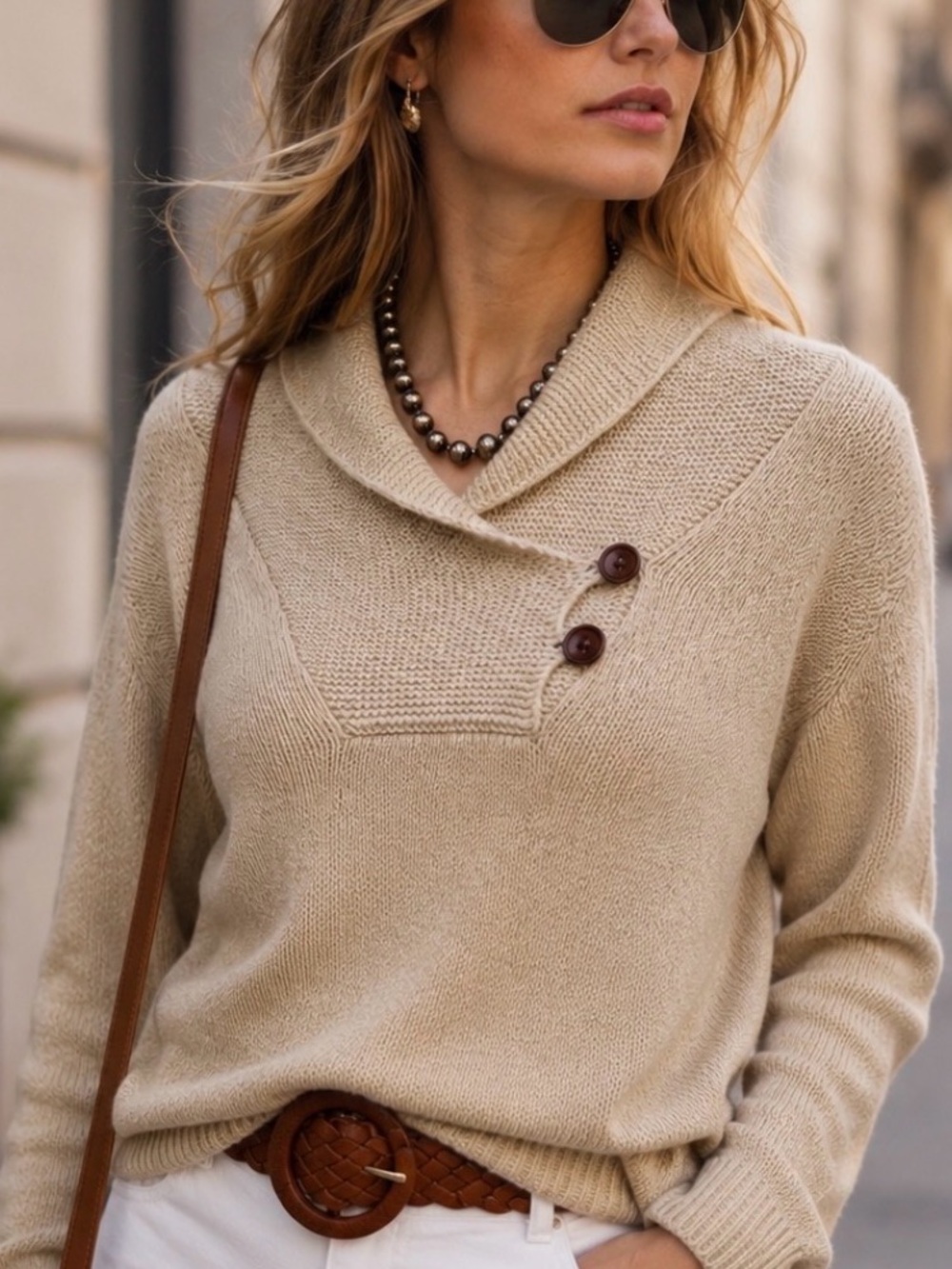 Ralph Lauren Sweater OLD MONEY Honey Beige 100% Cotton Shawl Collar  XS/S